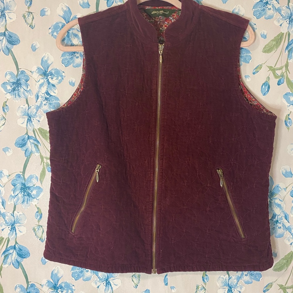Eddie Bauer Women's Full Zip Quilted Corduroy Burgundy Vest